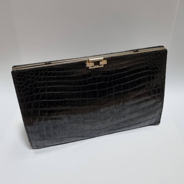 80s vintage black croc print leather clutch bag, made in France