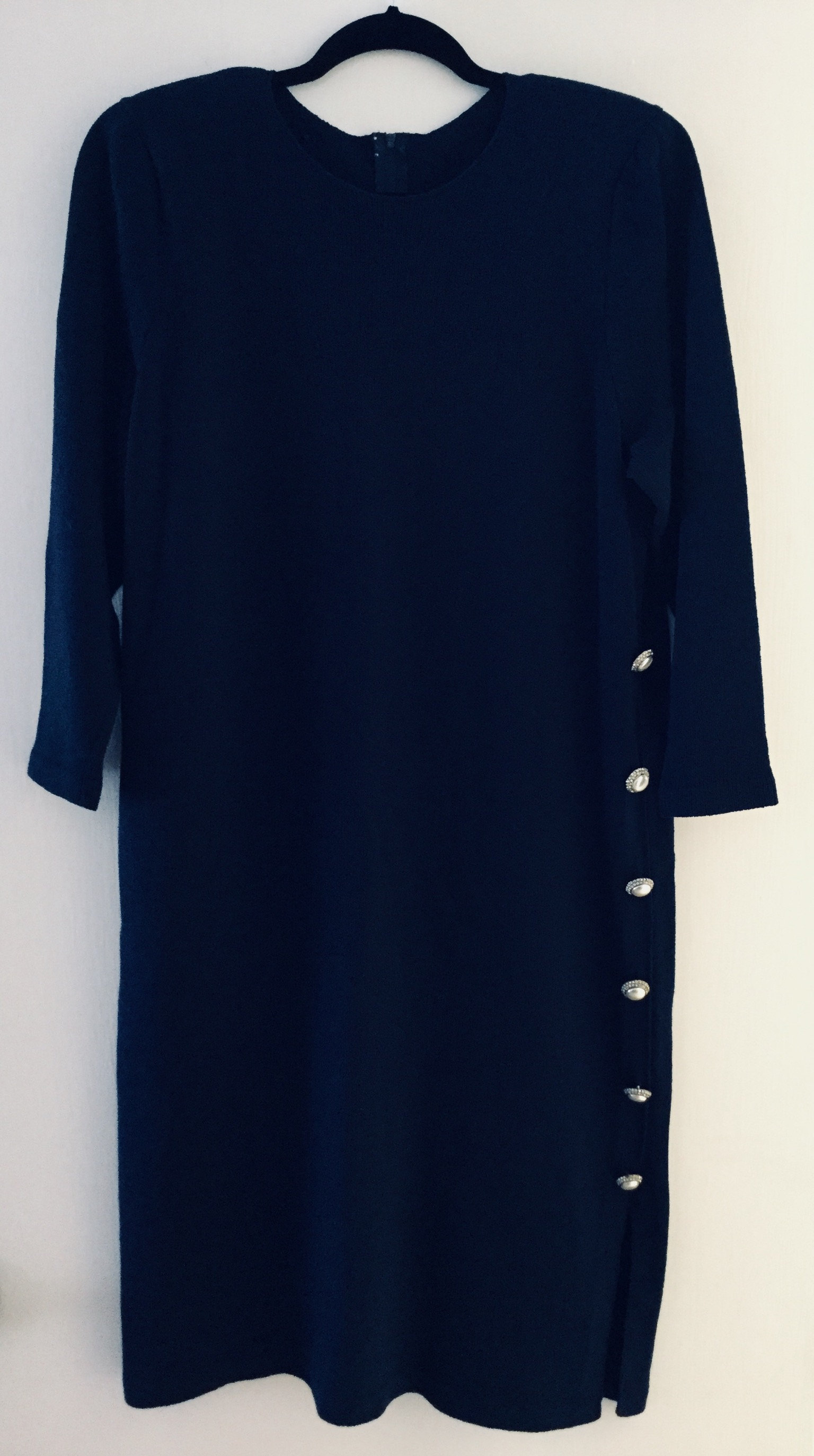 Image of Size  - , S Vintage Adolfo Navy Blue / Sleeved Long Knitted Dress with Fabulous Faux Pearl & Clear Crystal Side Button Detail