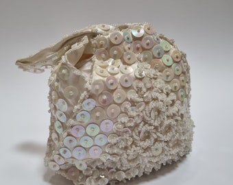 60s vintage white iridescent sequins & beaded satin evening bag