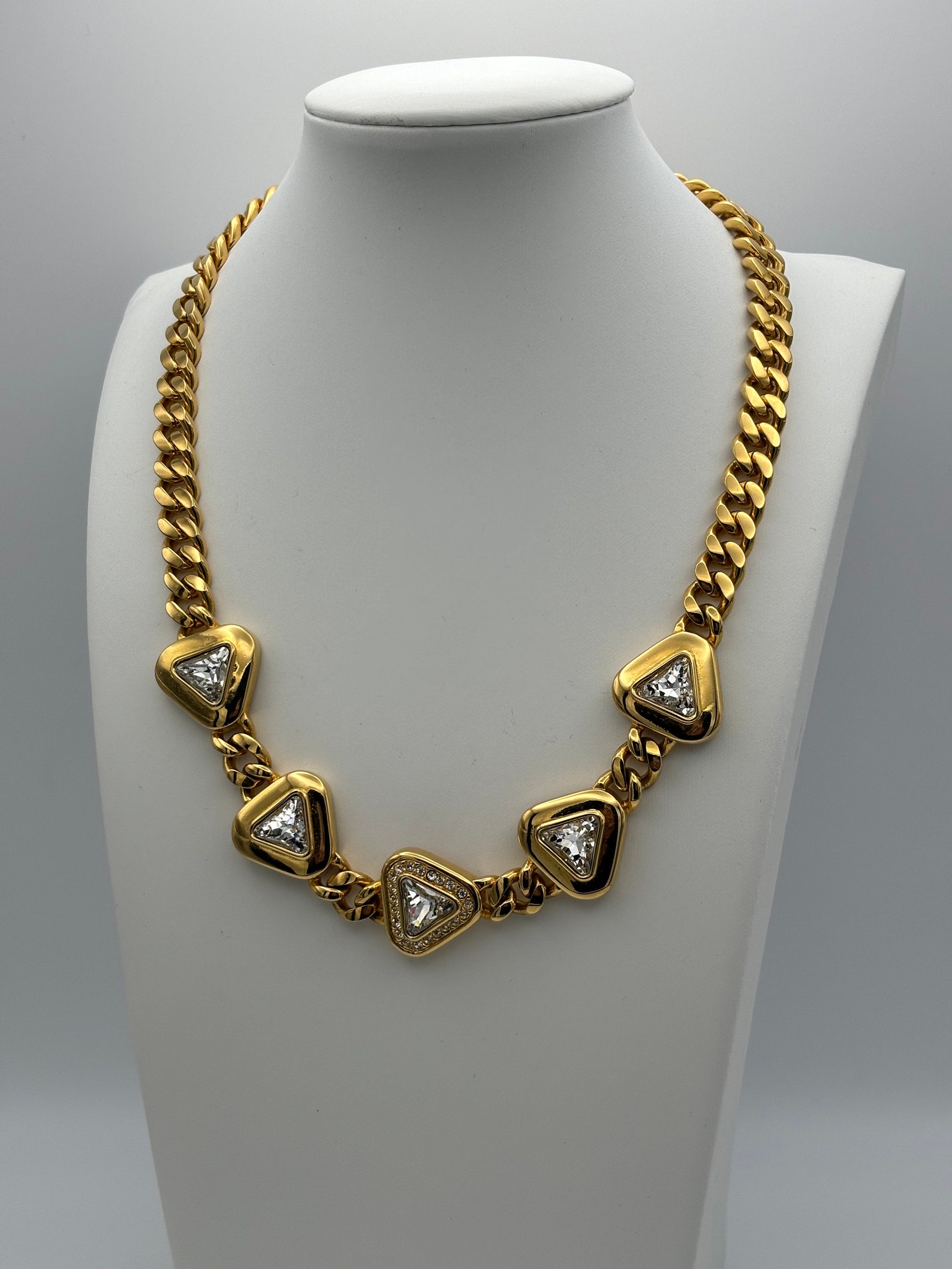 Triangular Link Chain Swarovski, 80s Vintage Crystal & Gold Plated Triangle Chain Link ...