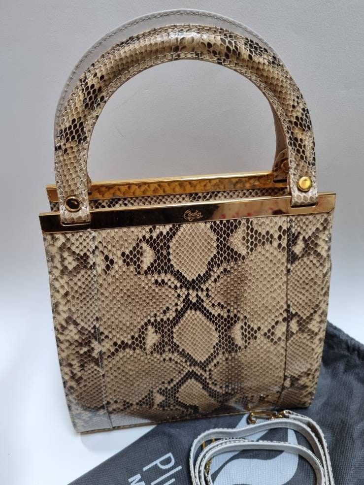 Metallic Silver Snakeskin Leather Small Satchel Top Handle Bag