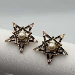 80s vintage black enamel, crystal & faux pearl clip on star earrings