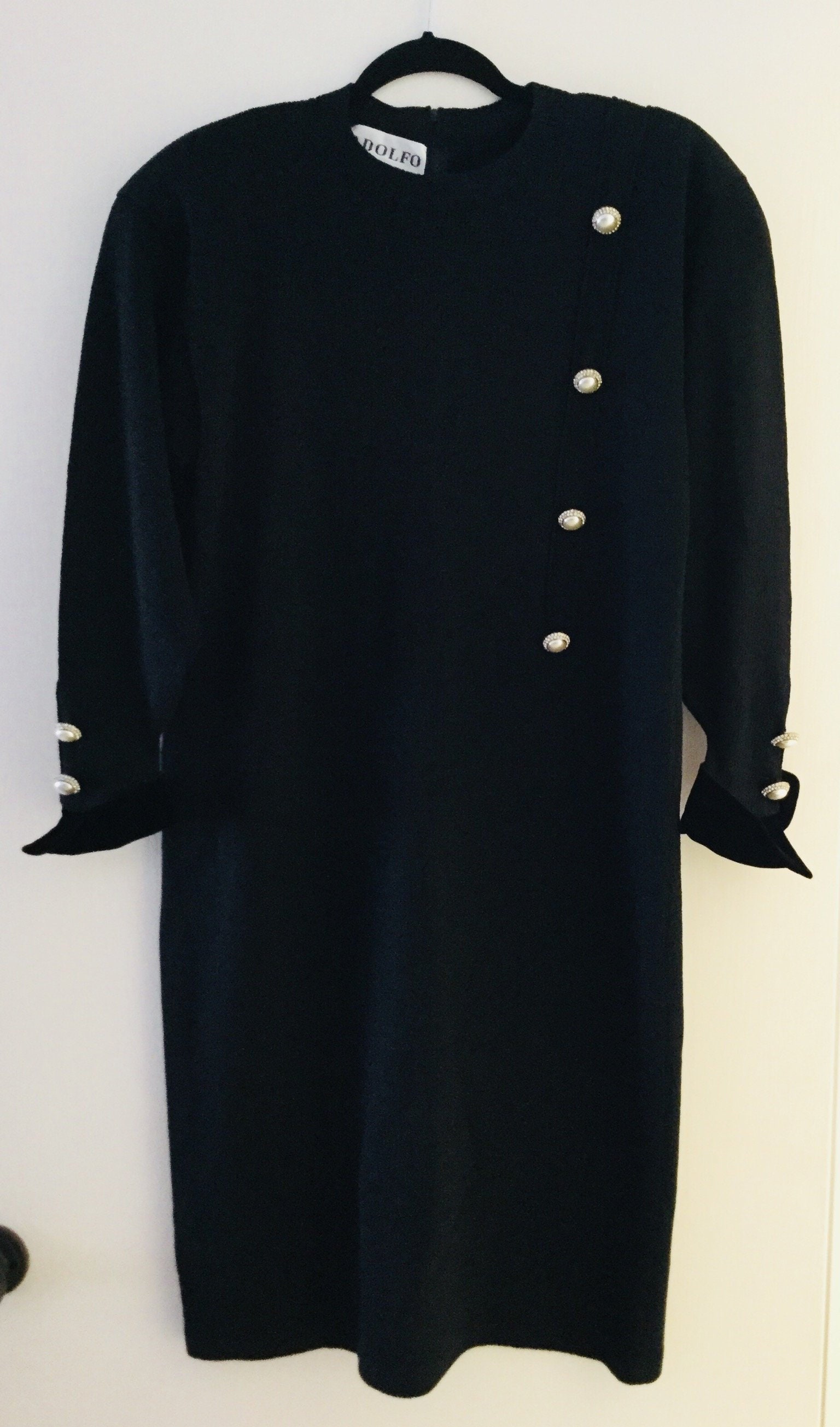 Image of Size  - , S Vintage Adolfo Black Long Sleeved Knitted Dress with Fabulous Faux Pearl & Clear Crystal Button Detailing