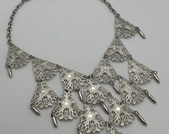 Vendome, 70s vintage silver plated filigree bib necklace