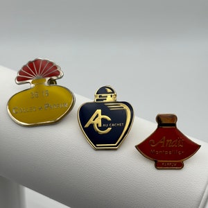 80s vintage enamel perfume pin trio - Collec Parfum, Anaïs, Au Cachet