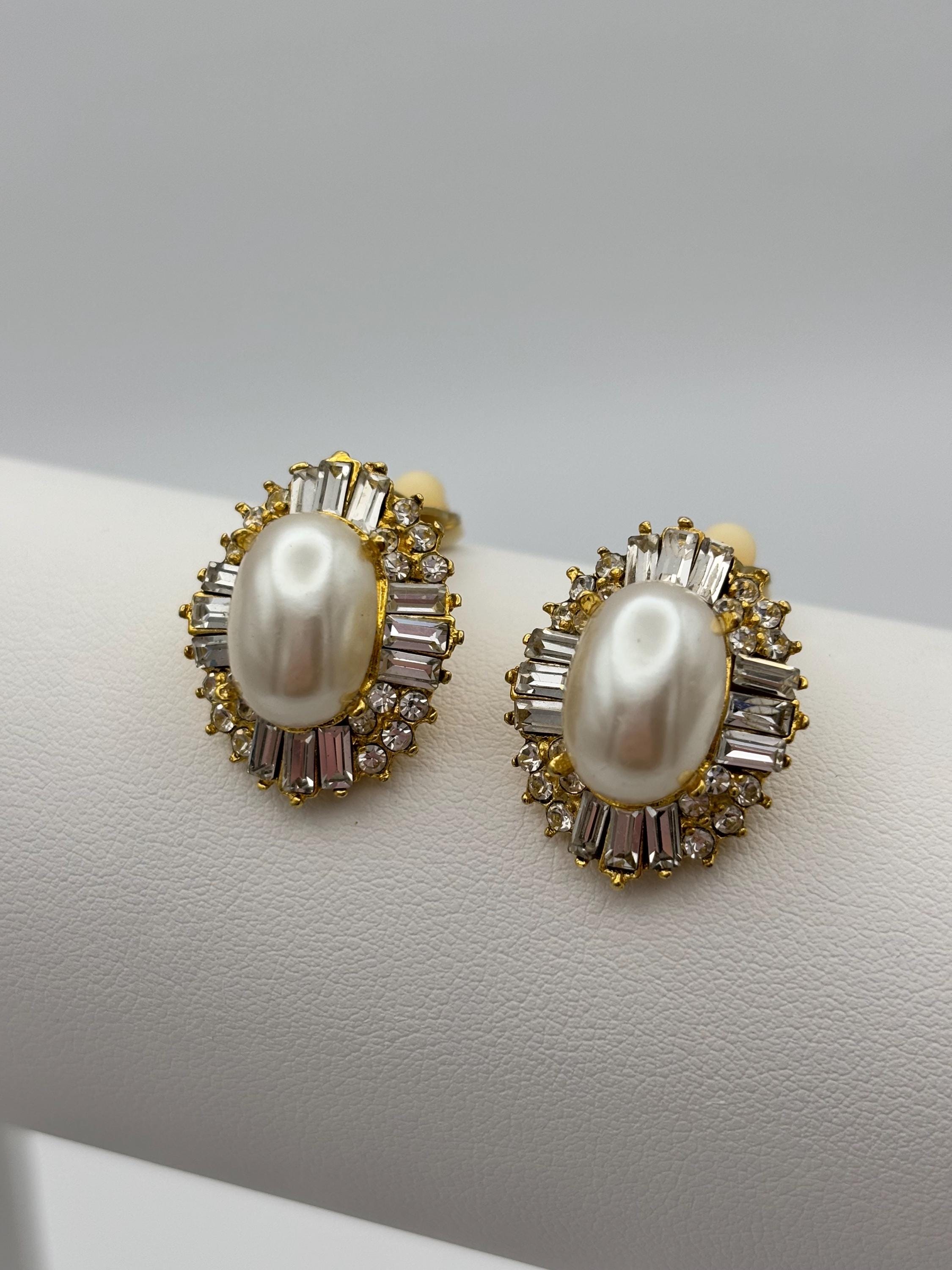 Boucles D'oreilles Vintage Clip Plaqué Or Avec Cristaux Et Perle - Modèle 3151, Occasion En Parfait état, Bijou Rétro