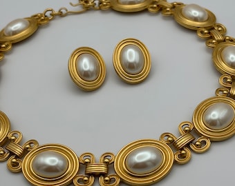 Monet, 80s vintage faux pearl & matte gold plated link necklace and pierced earrings set