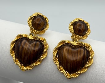 80s vintage brown heart clip on dangle earrings