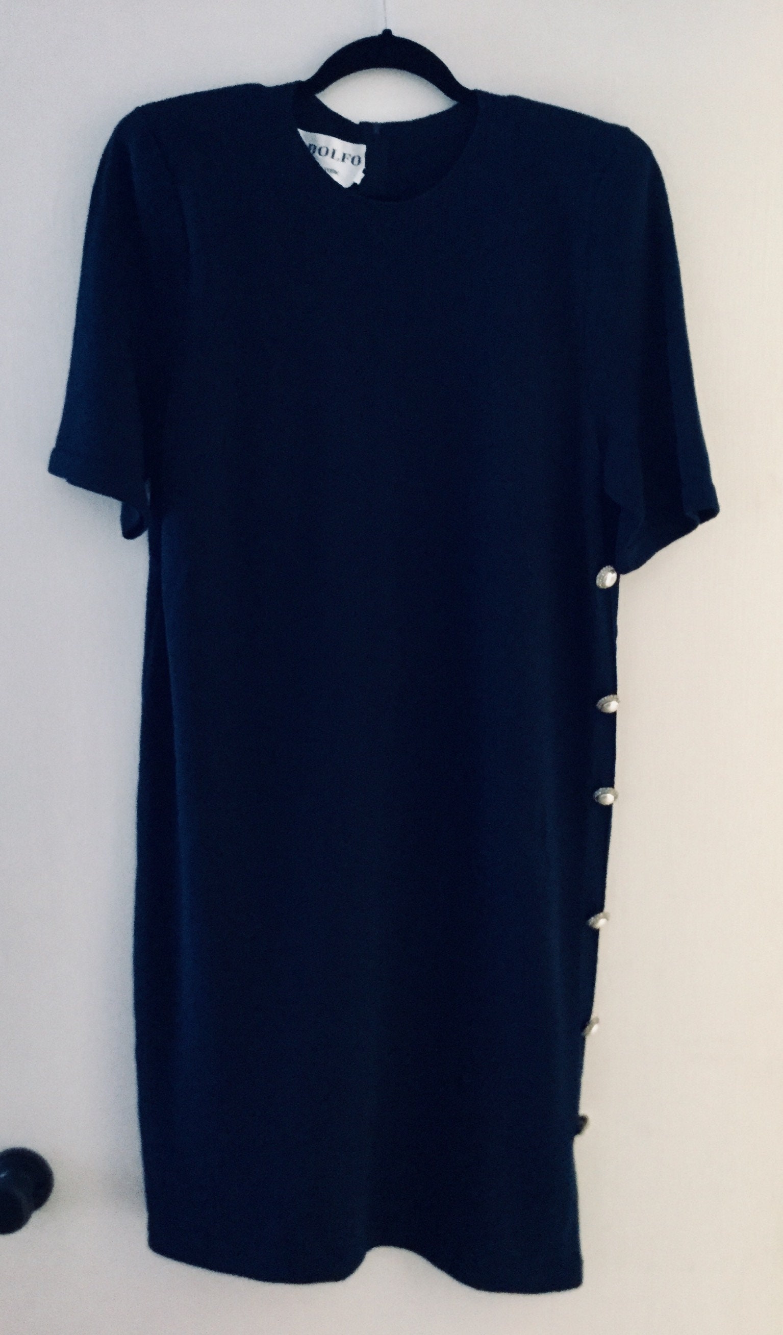 Image of Size  - , S Vintage Adolfo Navy Blue Short Sleeved Long Knitted Dress with Fabulous Faux Pearl & Clear Crystal Side Button Detail