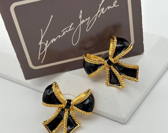 Kenneth Jay Lane, 80s new vintage black enamel gold plated bow pierced earrings, in original box