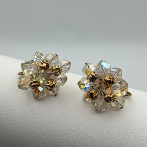 Vendome, 70s vintage crystal beads floral clip on earrings