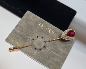 Vendome, 70s new vintage red & clear crystal teardrop 22ct gold plated stick pin