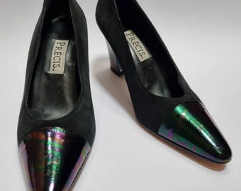 Précis, 80s vintage black suede & rainbow patent leather high heel pumps