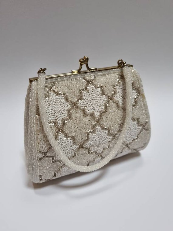Vintage 60s Silver Bag Leather & Beaded Cocktail Purse