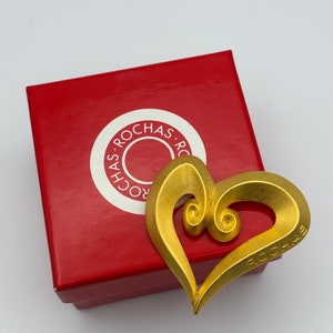 Rochas, 80s vintage matte gold plated heart shaped brooch, in original box