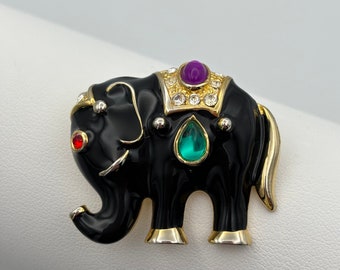 80s vintage black enamel & multicoloured crystal elephant brooch