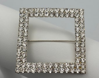 70s vintage clear crystal square frame brooch