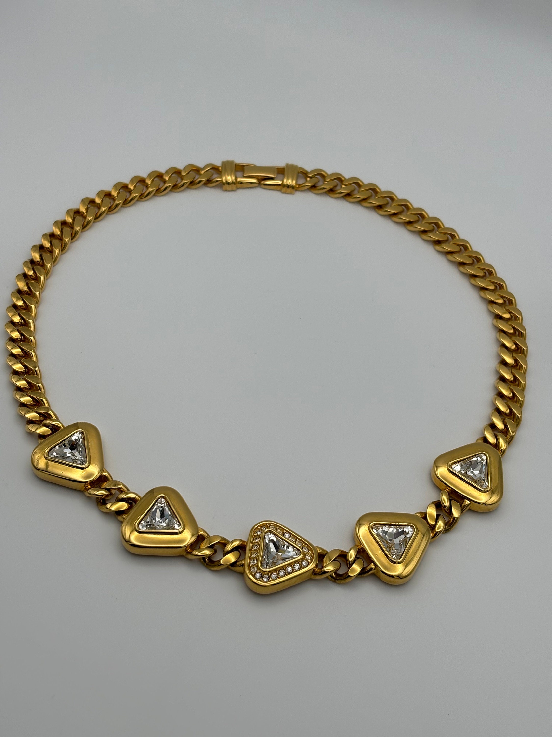 Triangular Link Chain Swarovski, 80s Vintage Crystal & Gold Plated Triangle Chain Link ...