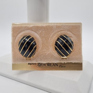 80s new vintage D'Orlan black enamel & gold half hoop clip on earrings