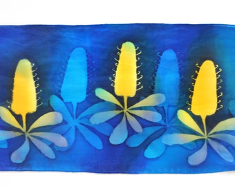 A hand painted silk scarf featuring Australian banksia flowers in yellow with a blue backround OOAK Gift for her Birthday gift unique design