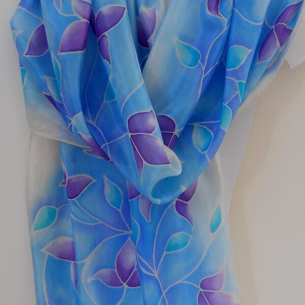 Large pure silk shawl or wrap hand painted with the floral design in turquoise, blue and purple. OOAK Gift for her Original and Unique gift
