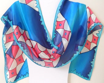 Hand painted silk scarf with abstract design. The geometric design is coloured in shades of blue and red .OOAK Gift for her Birthday gift