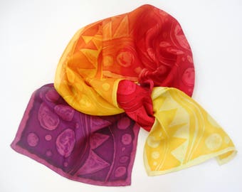handpainted silk scarf with African inspired design in shades of bright yellow, red and purple. OOAK Gift for her Christmas gift