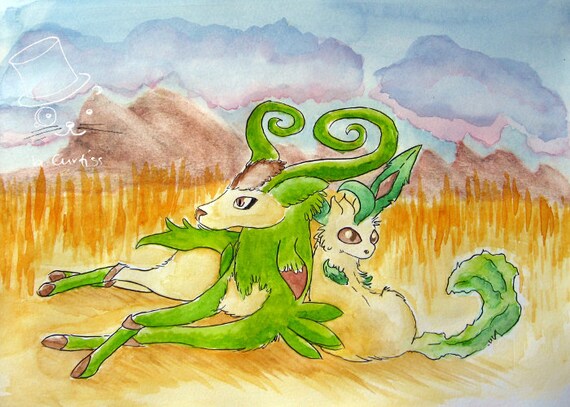 pokemon original art print virizion and leafeon etsy