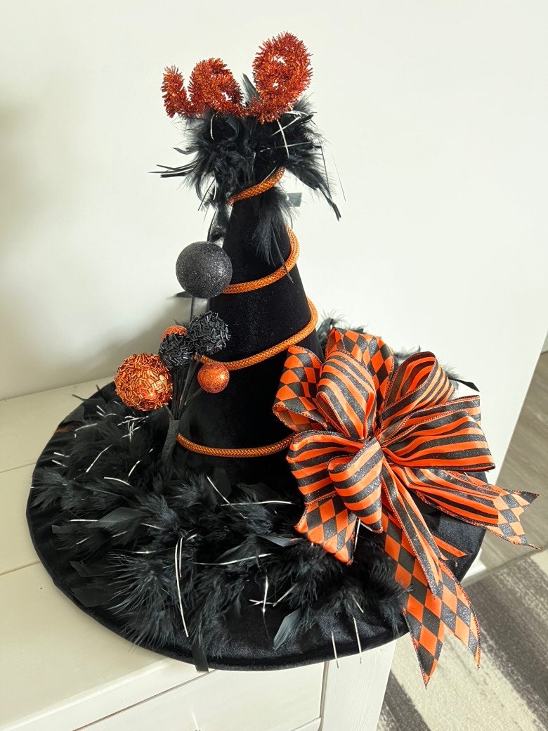 Vintage 90’s Feathered witches hat Halloween Amazon.com: LivingGeometry Vintage Witch Hat - Big Black Bow  main image 2