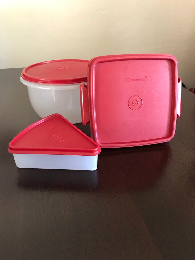 Set Of 3 Vintage Tupperware Red Lid Storage Containers Pie Sandwich Container And Bowl