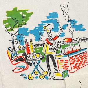 Set of 2 Vintage BBQ Grilling Napkins. MCM. Lawn Party. Junk Journal Supply