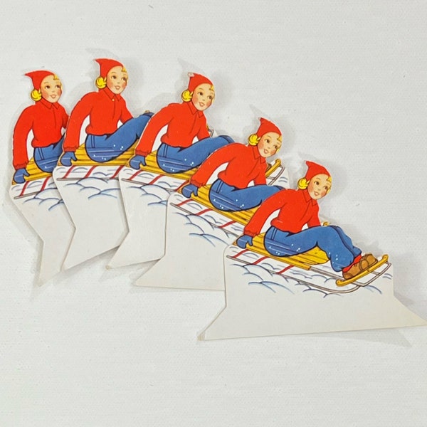 Set of 5 Vintage Place Cards. Blonde Girl Sledding. Snow. Tableware. Party. Junk Journal Supply