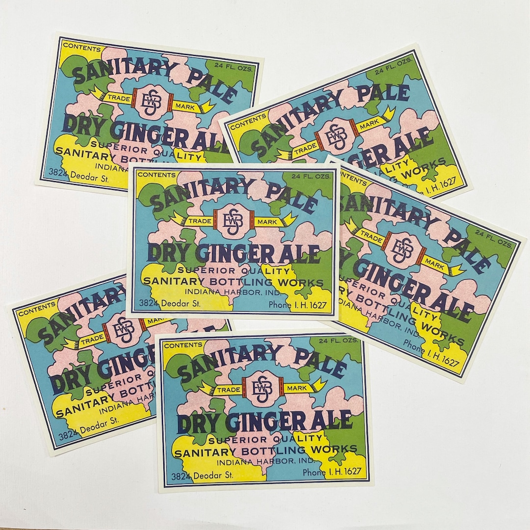 Set of 6. Sanitary Ginger Ale Drink Labels. Map. Pocket. Tuck Spot ...