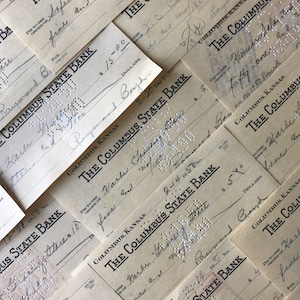 Zes Vintage cheques, Junk Journal, Columbus, Kansas Vintage Banking, Handgeschreven, Cursief, jaren 1950