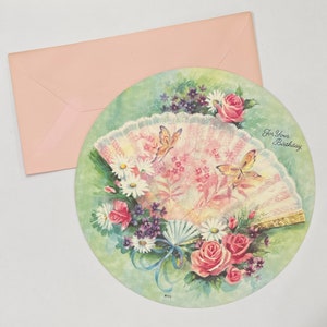 Carte de vœux ronde vintage NOS. Ventilateur. Papillons. Roses. Violettes. Fourniture de journaux indésirables