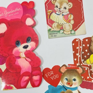 Set of 4 Vintage Valentines with Bears. Pink. Hallmark. Junk Journal Supply