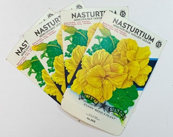 Set of Four Cheerful Yellow Golden Gleam Nasturtium Flower Seed Packets. Junk Journal. Tuck Spot