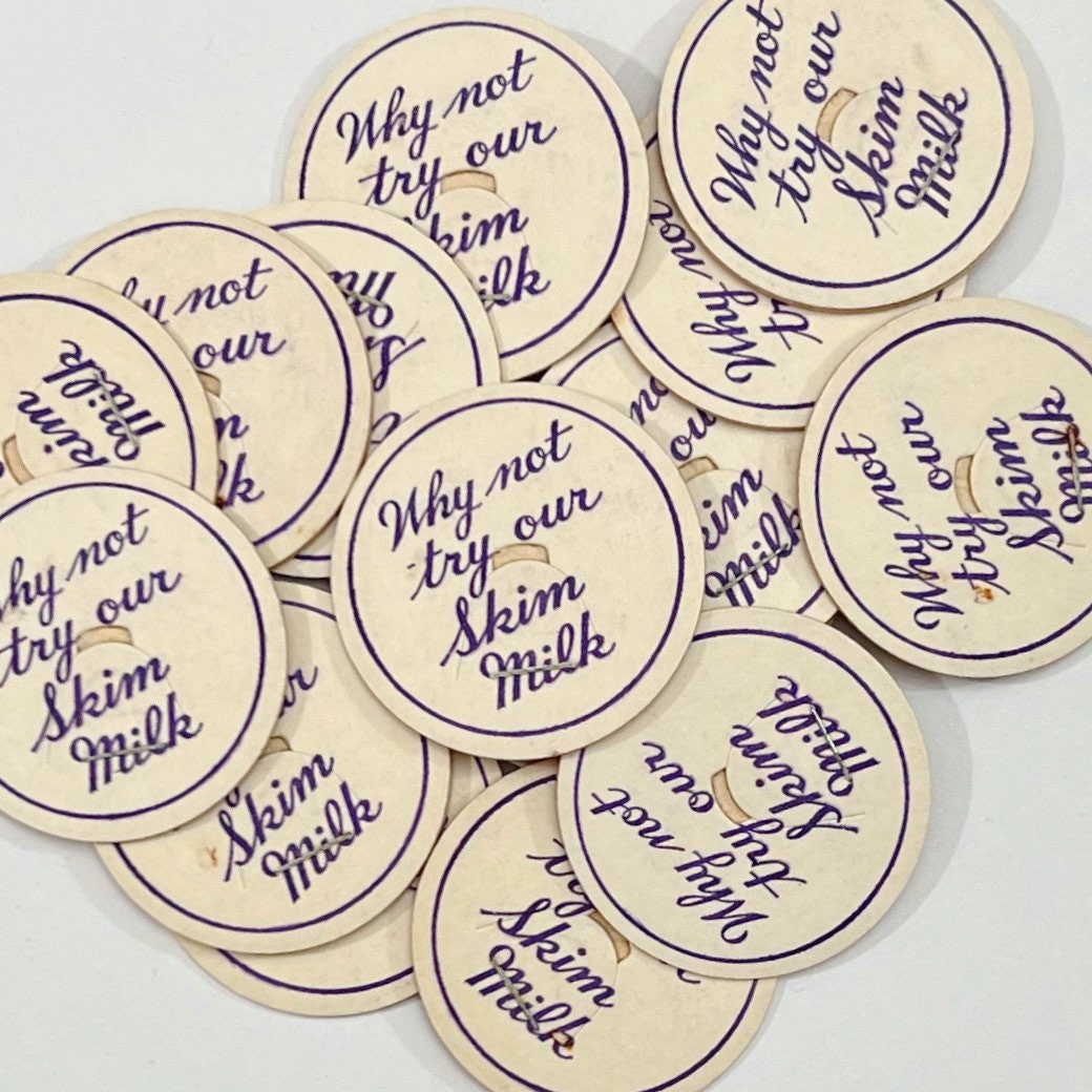 Set of 6 Vintage Try Our Skim Milk Dairy Caps. Milk. Purple Script. Easter. Junk Journal Supply