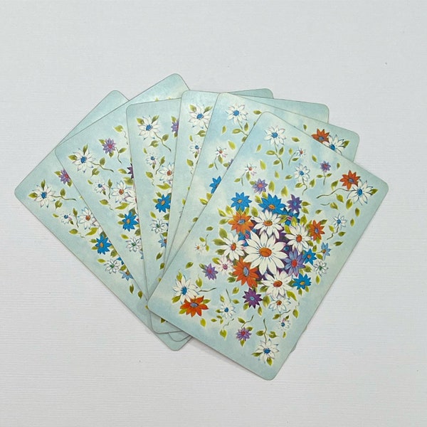 Set of 6 Pretty Blue Playing Cards with Daisies. Flowers. Junk Journal Supply. Pocket