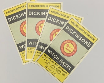 Set of Five Vintage Witch Hazel Labels. NOS. Yellow. Black. Dickinson’s. Junk Journal Supply. Halloween