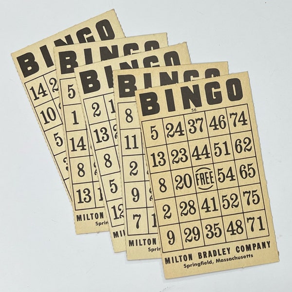 Set of Five Milton Bradley Black and Tan Bingo Cards. Lightweight Cardboard. Junk Journal Supply