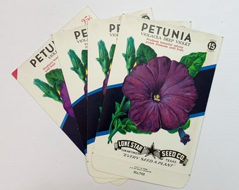 Set of Four Deep Violet Petunia Flower Seed Packets. Tuck Spot. Junk Journal Supply. Purple