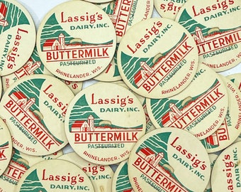 Set of 6 Vintage Lassig Buttermilk Dairy Caps. Junk Journal Supply. Milk. Milkman