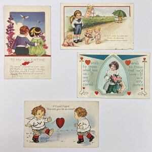 Quattro cartoline vintage di Whitney Valentine.. Bambino e bambina. Amore. Cupido. Angeli.