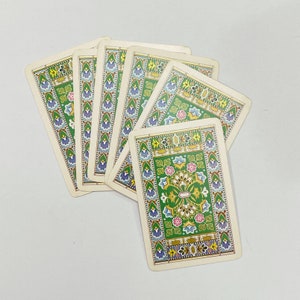 Juego de 6 naipes vintage con alfombra persa verde. Motivo. Art decó. Suministro de revistas basura