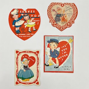 Set de 4 San Valentín Vintage con Niños. Cocinero. Cartero. Niña holandesa. Bebé de nieve. Suministro de diarios basura
