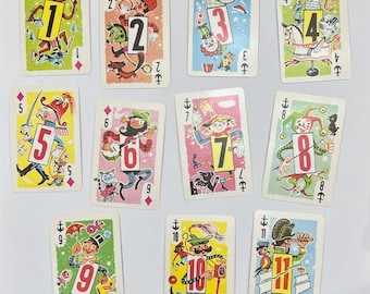 Set of 11 Vintage Whitman Crazy Eights Game Cards. Junk Journal Supply. Pirate. Clown. Knight