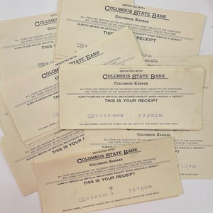 Set of 6 Bank Deposit Receipts. 1940s. Columbus, Kansas. Junk Journal Supply