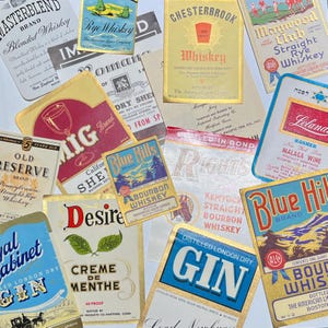 Set of 12 NOS Vintage Liquor Labels. Whiskey. Bourbon. Wine. Junk Journal Supply