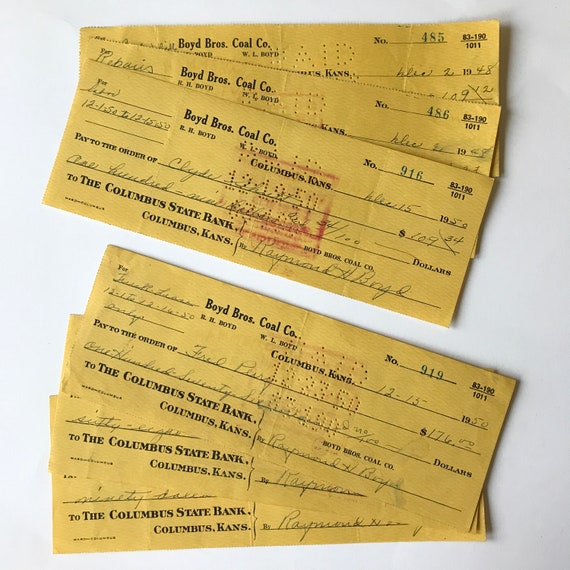 Six Vintage Checks, Yellow, 1950s, Junk Journal